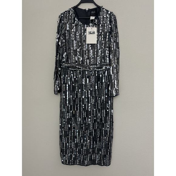 New Mac Duggal Gray Sequin Embellished Long Sleeve Shift Dress 93590 Size 12